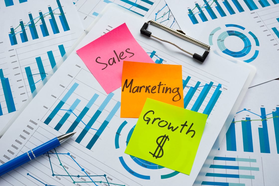 Words Sales marketing and profit growth as plan on the charts.